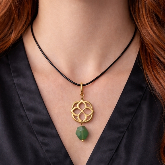 Hand Crafted Jewelry - Aventurine Clover Pendant Necklace • Black Vegan Leather Cord Statement Necklace
